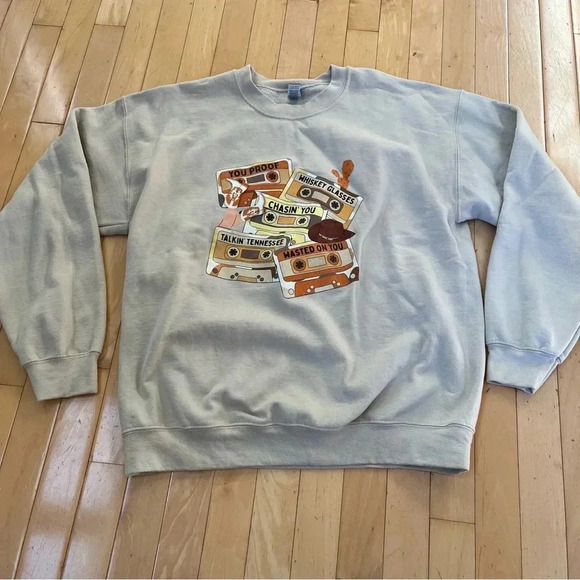 Tops - Morgan Wallen Crew Neck Sweatshirt sz Large Cassette Tapes Wasted On You Beige